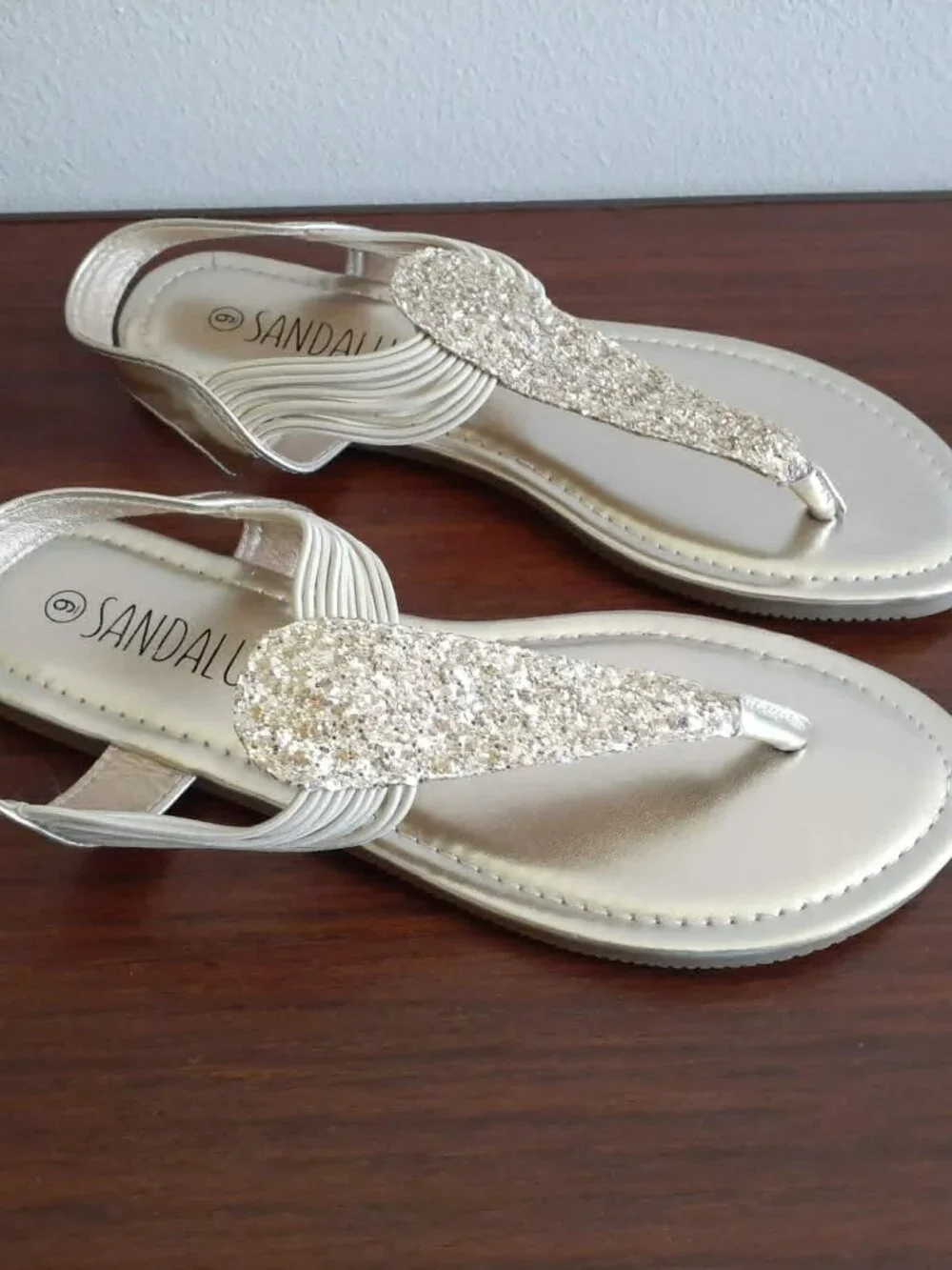 SANDALUP Glitter T-Strap Flat Sandals